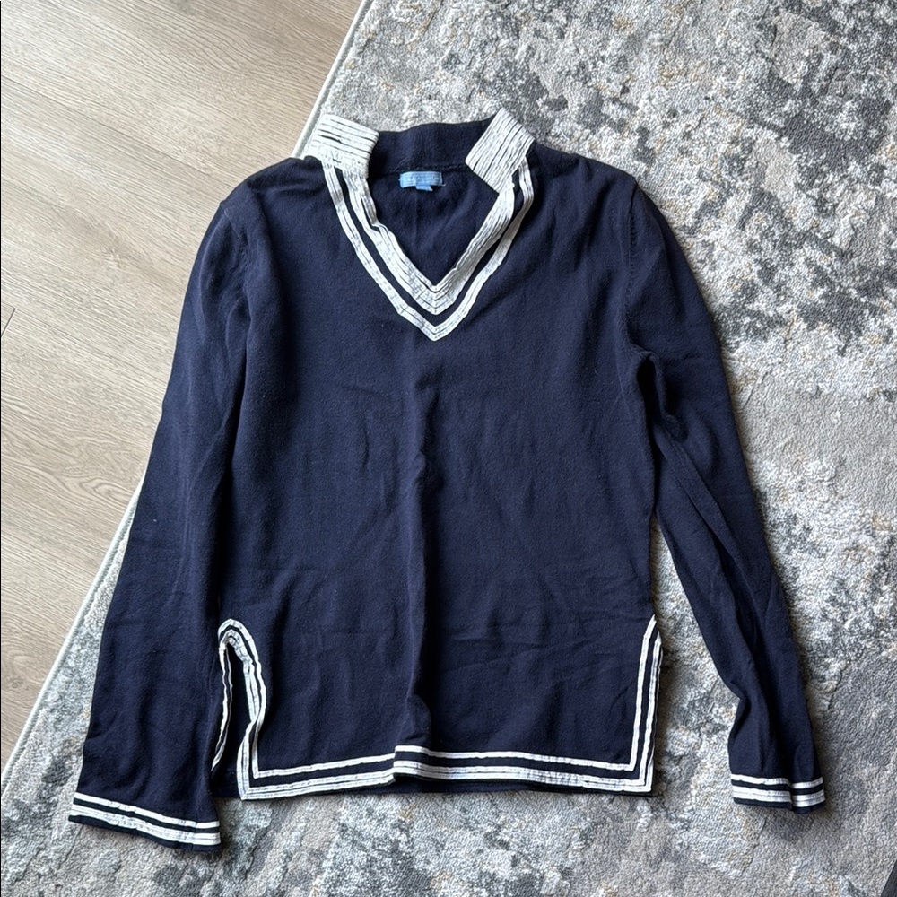 Navy Blue Men's Sweater with White Trim